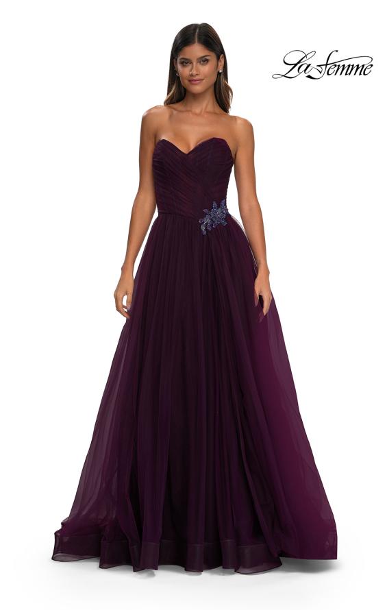 Picture of: Strapless A-line Tulle Dress with Floral Waist Detail in Dark Berry, Style: 32789, Detail Picture 10