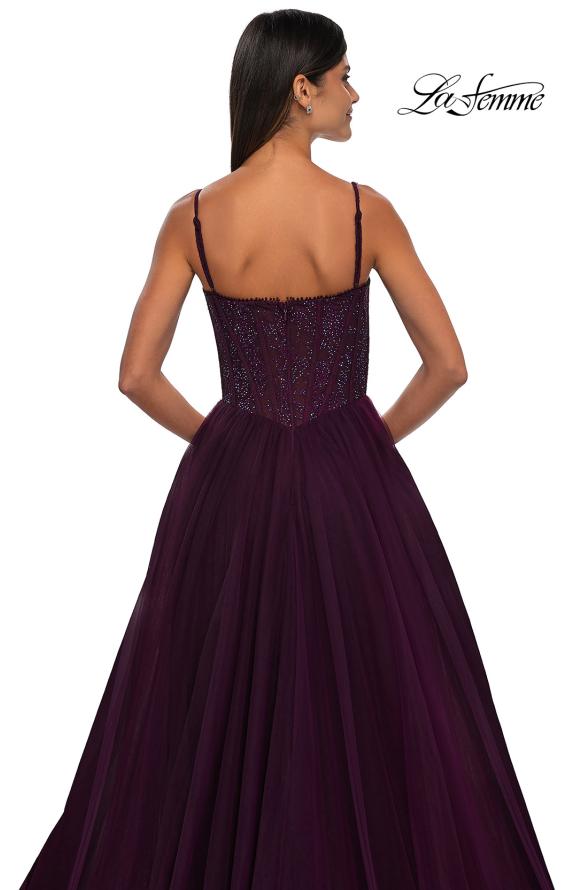 Picture of: Beautiful A-line Tulle Dress with Eyelet Neckline and Lace Top in Dark Berry, Style: 32594, Detail Picture 11