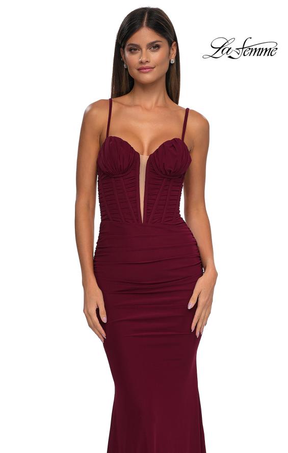 Picture of: Ruched Corset Top Prom Dress with Deep V in Dark Berry, Style: 32642, Detail Picture 11