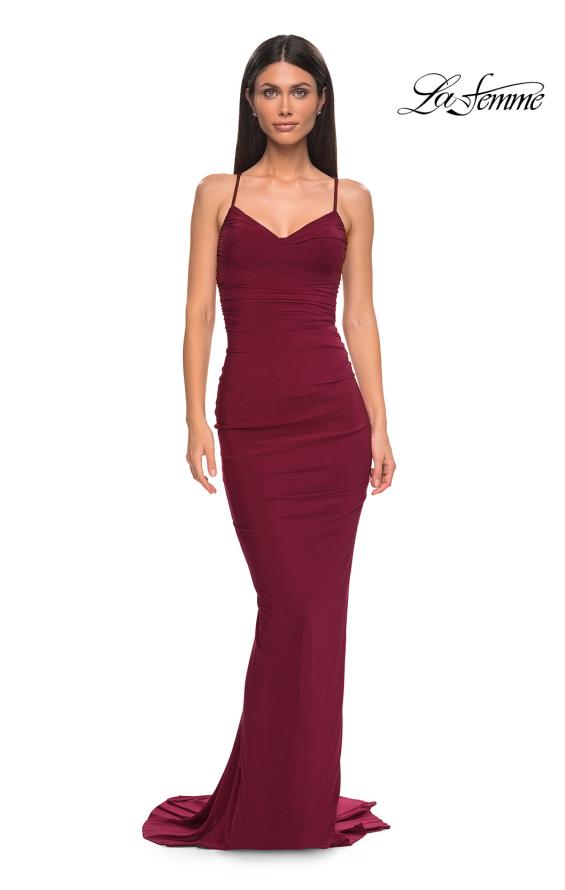 Picture of: Fitted Ruched Net Jersey Dress with Low Back in Dark Berry, Style 32834, Detail Picture 11