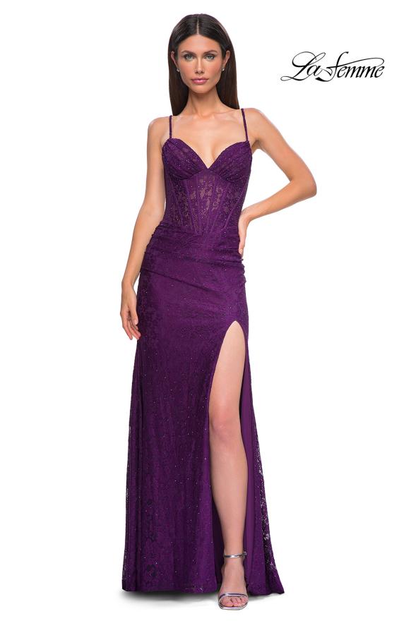 Picture of: Stretch Lace Dress with Illusion Corset Waist and Ruching in Dark Berry, Style 32947, Detail Picture 11