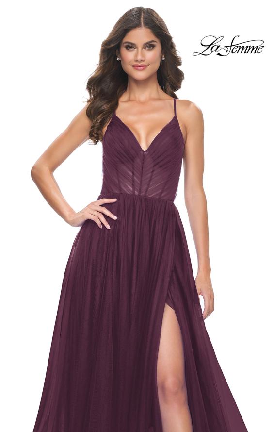 Picture of: A-Line Prom Dress with Illusion Ruched Bodice in Dark Berry, Style: 31457, Detail Picture 12