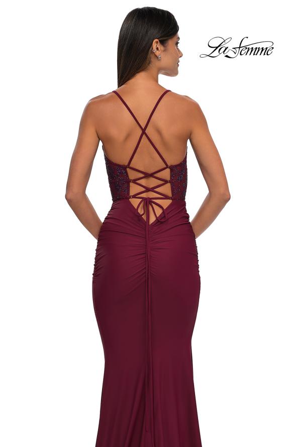 Picture of: Lace and Jersey Dress with Ruched Skirt and V Neckline in Dark Berry, Style: 32217, Detail Picture 12