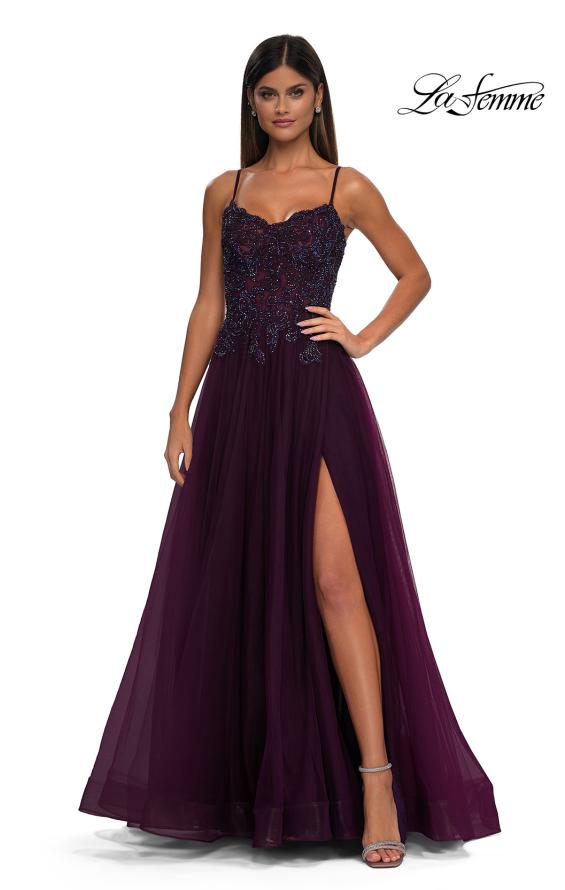 Picture of: Lace and Tulle A-line Prom Dress with High Slit in Dark Berry, Style: 32646, Detail Picture 12