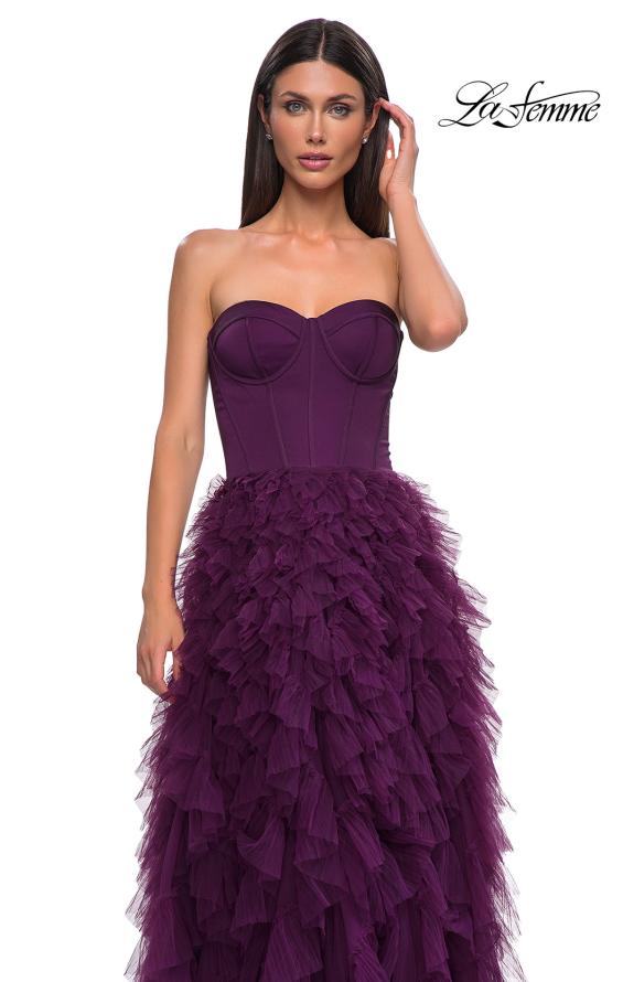 Picture of: Prom Dress with Tulle Ruffle Skirt and Satin Corset Top in Dark Berry, Style 32760, Detail Picture 12