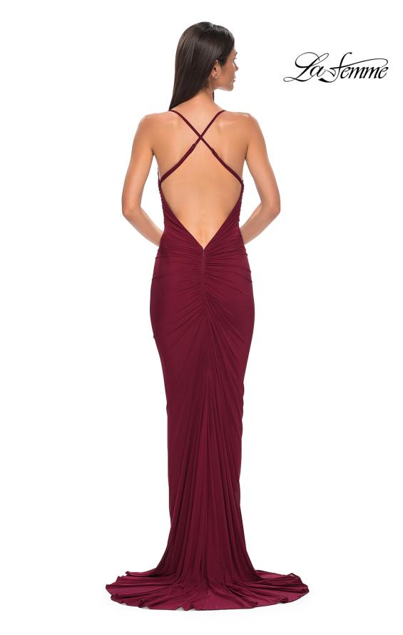 Picture of: Fitted Ruched Net Jersey Dress with Low Back in Dark Berry, Style 32834, Detail Picture 12