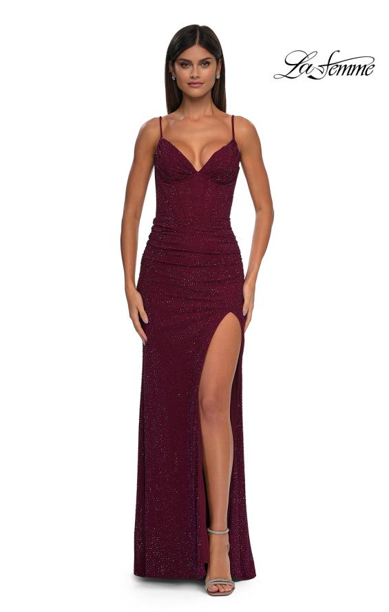 Picture of: Rhinestone Net Jersey Ruched Dress with Corset Top in Dark Berry, Style: 32753, Detail Picture 13