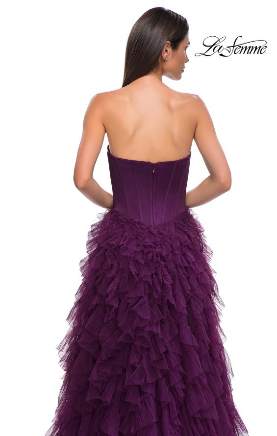 Picture of: Prom Dress with Tulle Ruffle Skirt and Satin Corset Top in Dark Berry, Style 32760, Detail Picture 13