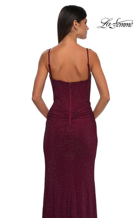 Picture of: Rhinestone Net Jersey Ruched Dress with Corset Top in Dark Berry, Style: 32753, Detail Picture 14