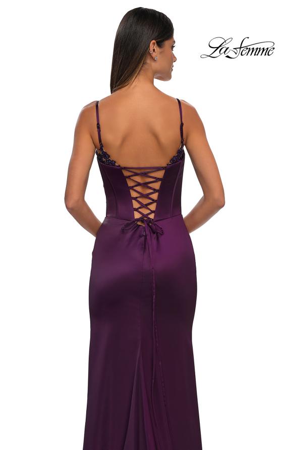 Picture of: Fitted Satin Gown with Exposed Boning and Lace Detail Neckline in Dark Berry, Style: 32955, Detail Picture 14