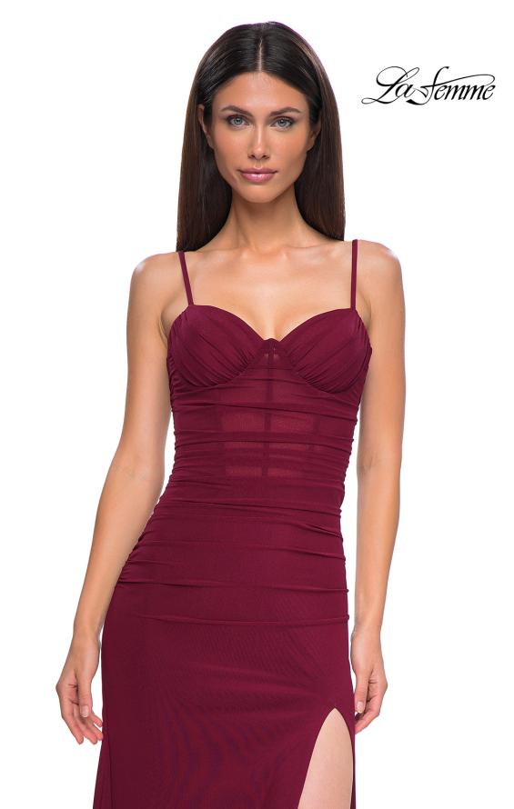 Picture of: Net Jersey Simple Prom Dress with Ruching and Corset Top in Dark Berry, Style 32925, Detail Picture 15