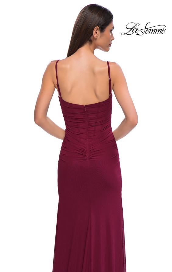 Picture of: Net Jersey Simple Prom Dress with Ruching and Corset Top in Dark Berry, Style 32925, Detail Picture 16