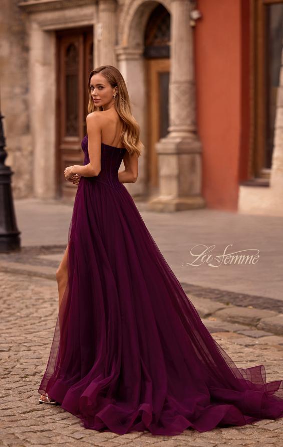 Picture of: A-line Tulle Gown with Lace Corset Bodice and Slit in Dark Berry, Style: 32579, Back Picture