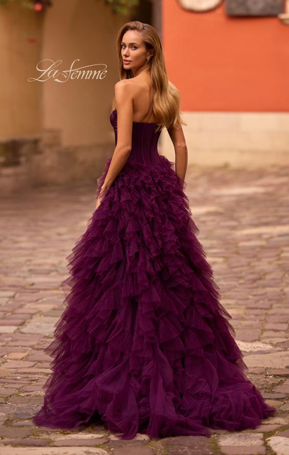 Picture of: Prom Dress with Tulle Ruffle Skirt and Satin Corset Top in Dark Berry, Style: 32760, Back Picture