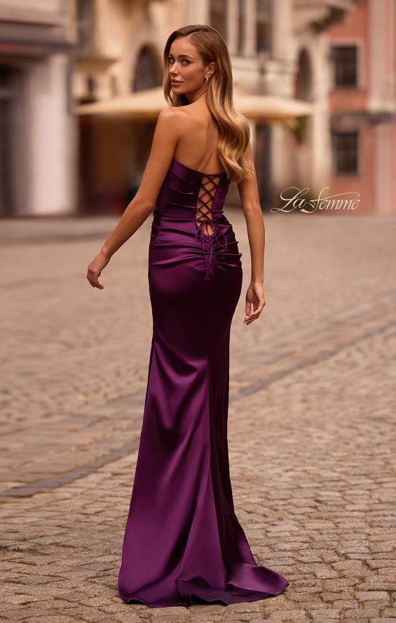 Picture of: Strapless Satin Evening Dress with Ruching and Lace Up Back in Dark Berry, Style: 32952, Back Picture