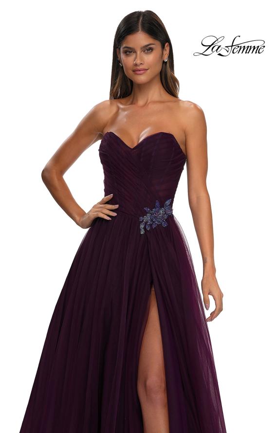 Picture of: Strapless A-line Tulle Dress with Floral Waist Detail in Dark Berry, Style: 32789, Detail Picture 19