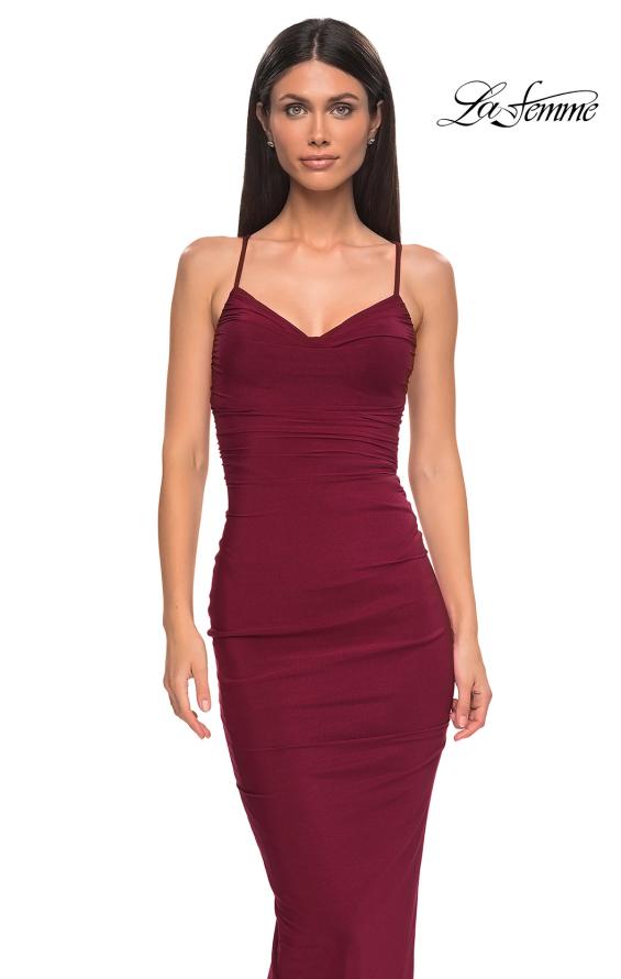 Picture of: Fitted Ruched Net Jersey Dress with Low Back in Dark Berry, Style 32834, Detail Picture 19