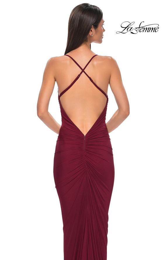 Picture of: Fitted Ruched Net Jersey Dress with Low Back in Dark Berry, Style 32834, Detail Picture 20