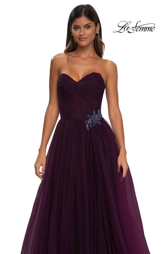 Picture of: Strapless A-line Tulle Dress with Floral Waist Detail in Dark Berry, Style: 32789, Detail Picture 21