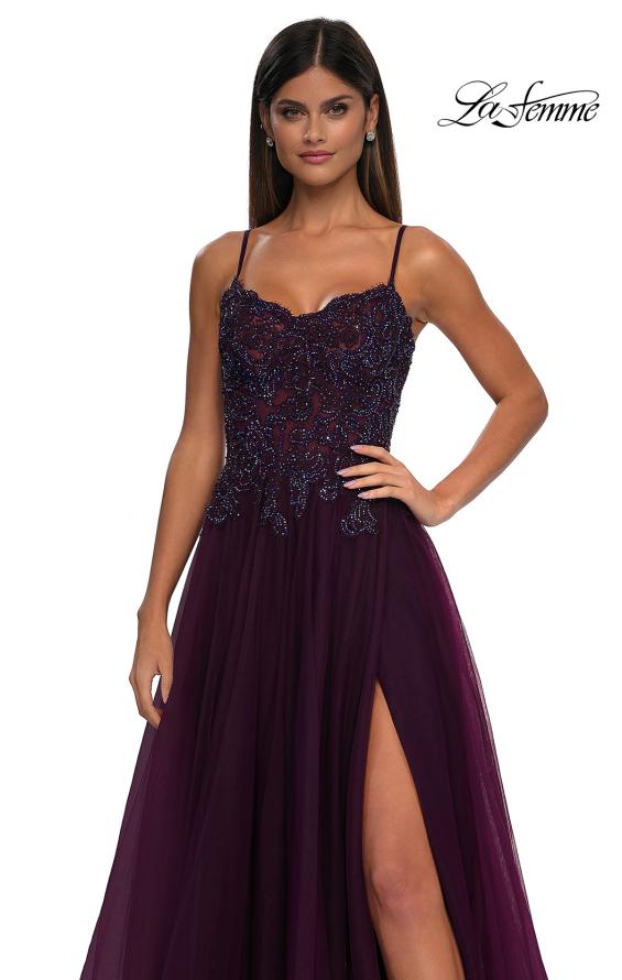 Picture of: Lace and Tulle A-line Prom Dress with High Slit in Dark Berry, Style: 32646, Detail Picture 26