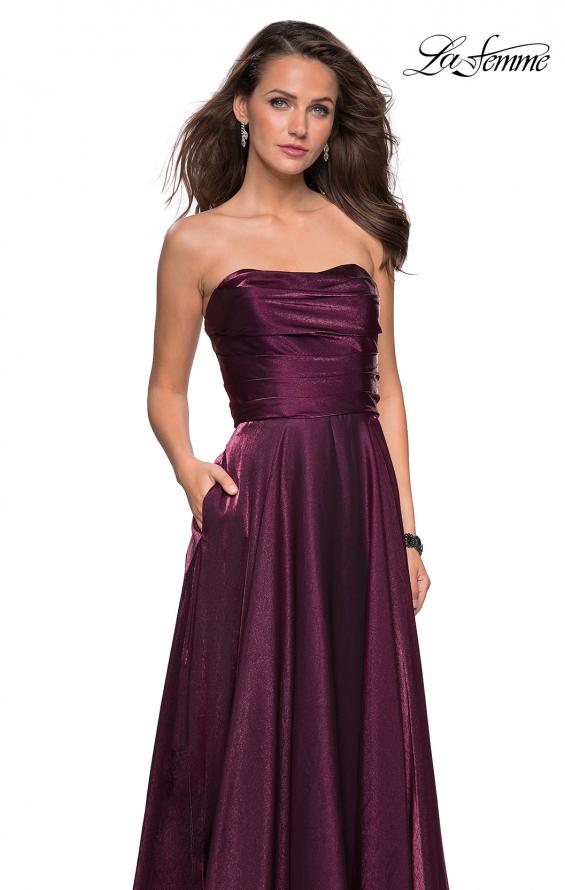 Picture of: Strapless Satin Gown with Ruching and Pockets in Burgundy, Style: 27130, Detail Picture 1