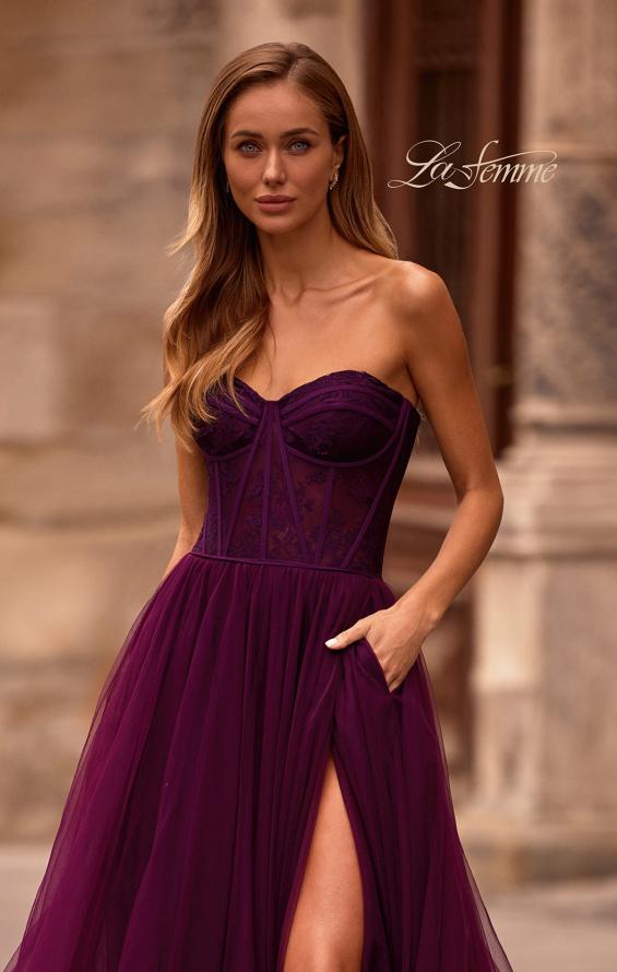 Picture of: A-line Tulle Gown with Lace Corset Bodice and Slit in Dark Berry, Style: 32579, Detail Picture 1