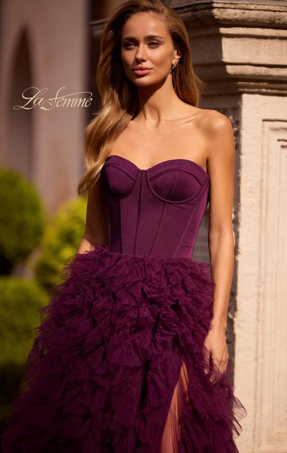 Picture of: Prom Dress with Tulle Ruffle Skirt and Satin Corset Top in Dark Berry, Style: 32760, Detail Picture 1