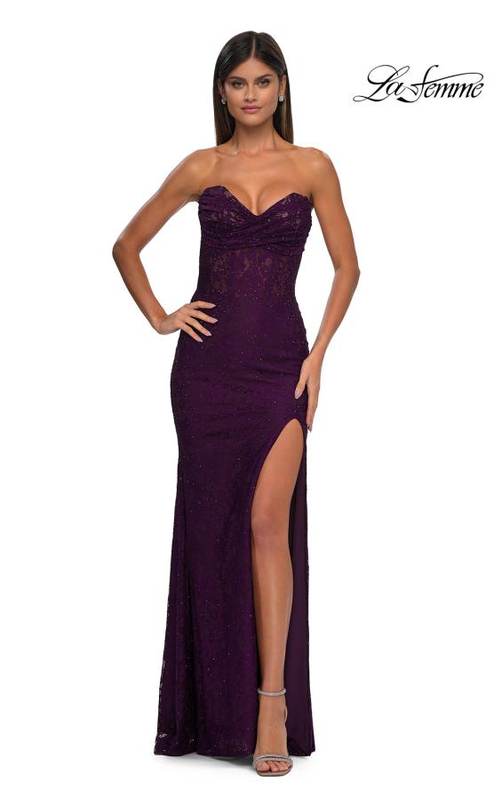 Picture of: Long Lace Prom Dress with Rhinestones and Lace Up Back in Dark Berry, Style: 33069, Detail Picture 1