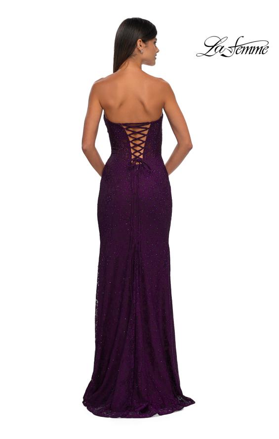 Picture of: Long Lace Prom Dress with Rhinestones and Lace Up Back in Dark Berry, Style: 33069, Detail Picture 2