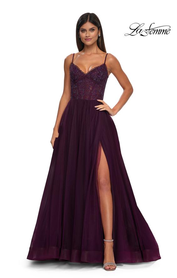 Picture of: Beautiful A-line Tulle Dress with Eyelet Neckline and Lace Top in Dark Berry, Style: 32594, Detail Picture 3