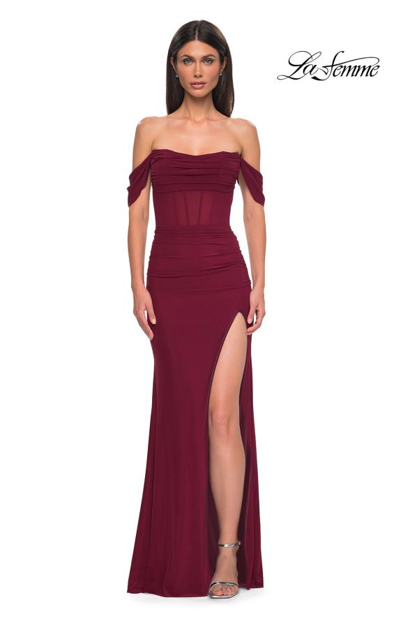 Picture of: Simple Off the Shoulder Net Jersey Dress with Sheer Waist in Dark Berry, Style 32684, Detail Picture 3