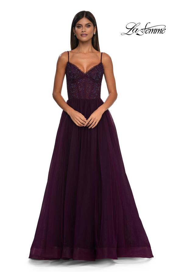 Picture of: Beautiful A-line Tulle Dress with Eyelet Neckline and Lace Top in Dark Berry, Style: 32594, Detail Picture 4