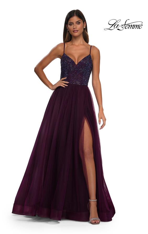 Picture of: Rhinestone Embellished Bodice Prom Dress with Full Skirt in Dark Berry, Style: 32668, Detail Picture 4