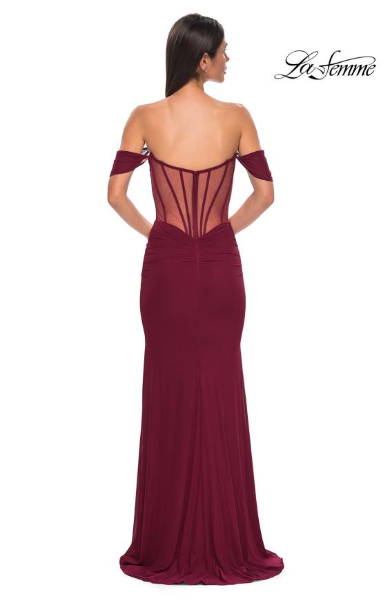 Picture of: Simple Off the Shoulder Net Jersey Dress with Sheer Waist in Dark Berry, Style 32684, Detail Picture 4