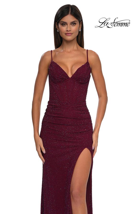 Picture of: Rhinestone Net Jersey Ruched Dress with Corset Top in Dark Berry, Style: 32753, Detail Picture 4