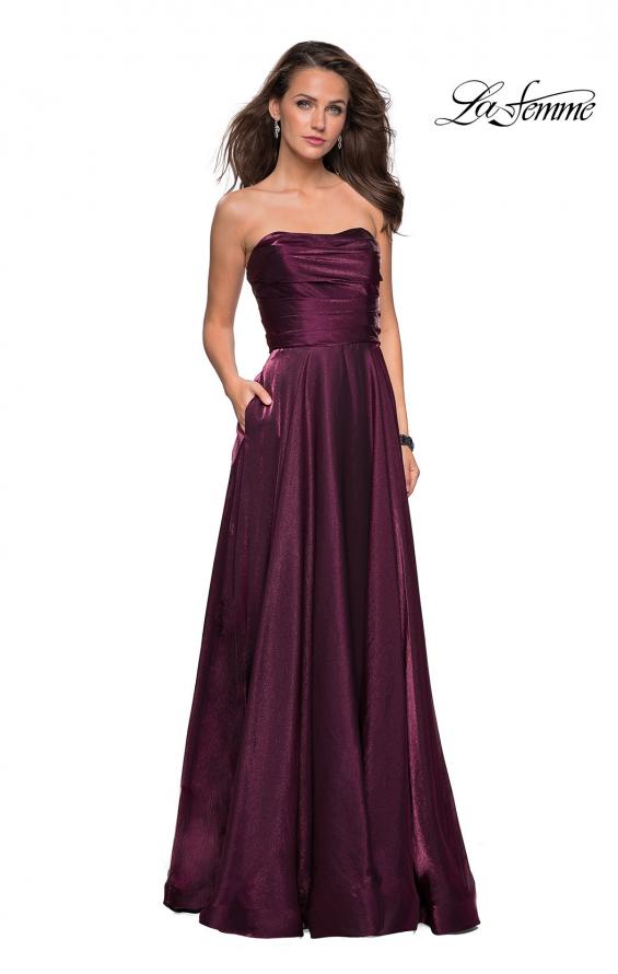 Picture of: Strapless Satin Gown with Ruching and Pockets in Burgundy, Style: 27130, Detail Picture 5