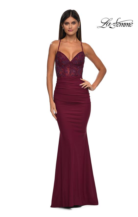 Picture of: Lace and Jersey Dress with Ruched Skirt and V Neckline in Dark Berry, Style: 32217, Detail Picture 5