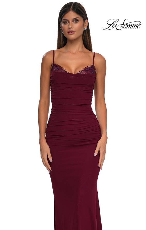 Picture of: Net Jersey Prom Dress with Lace Neckline Detail in Dark Berry, Style: 32357, Detail Picture 5