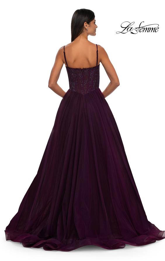 Picture of: Beautiful A-line Tulle Dress with Eyelet Neckline and Lace Top in Dark Berry, Style: 32594, Detail Picture 5