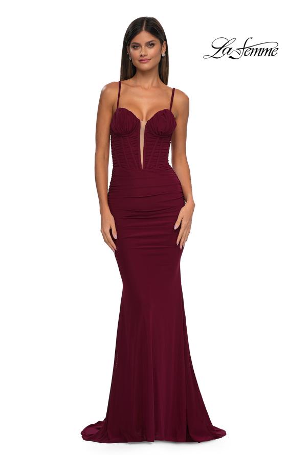 Picture of: Ruched Corset Top Prom Dress with Deep V in Dark Berry, Style: 32642, Detail Picture 5