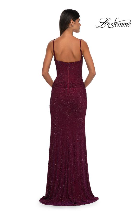 Picture of: Rhinestone Net Jersey Ruched Dress with Corset Top in Dark Berry, Style: 32753, Detail Picture 5