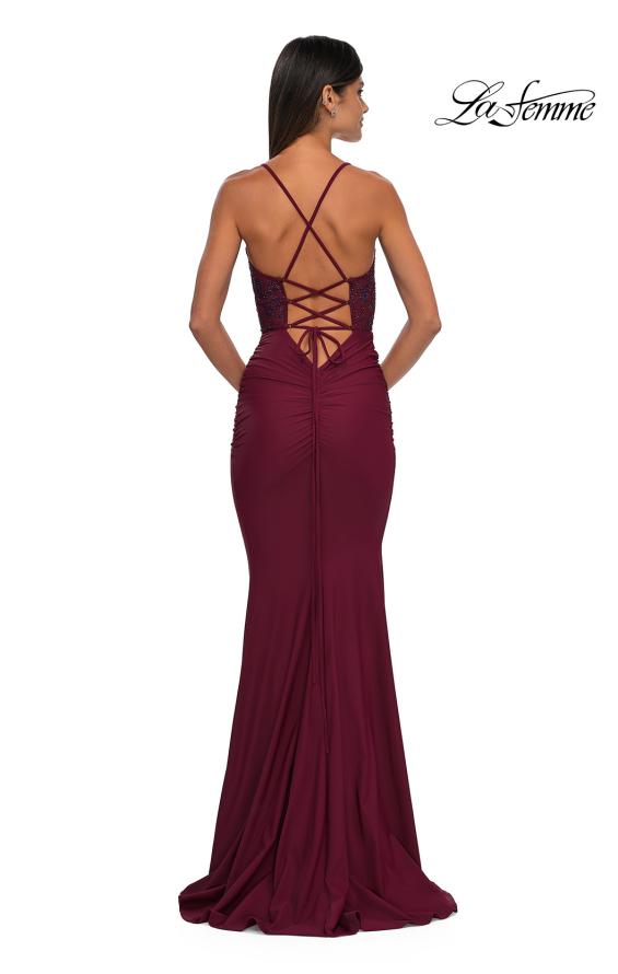 Picture of: Lace and Jersey Dress with Ruched Skirt and V Neckline in Dark Berry, Style: 32217, Detail Picture 6