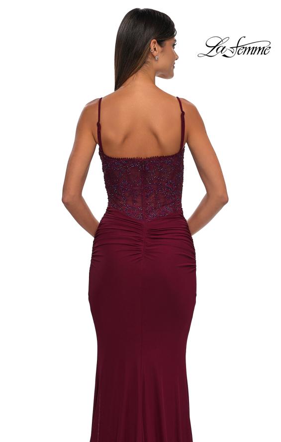 Picture of: Net Jersey Prom Dress with Lace Neckline Detail in Dark Berry, Style: 32357, Detail Picture 6