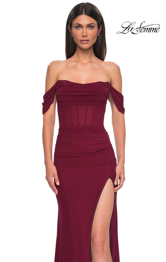 Picture of: Simple Off the Shoulder Net Jersey Dress with Sheer Waist in Dark Berry, Style 32684, Detail Picture 7