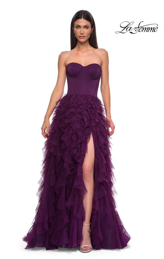 Picture of: Prom Dress with Tulle Ruffle Skirt and Satin Corset Top in Dark Berry, Style 32760, Detail Picture 7