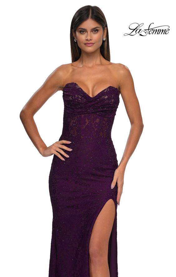 Picture of: Long Lace Prom Dress with Rhinestones and Lace Up Back in Dark Berry, Style: 33069, Detail Picture 7