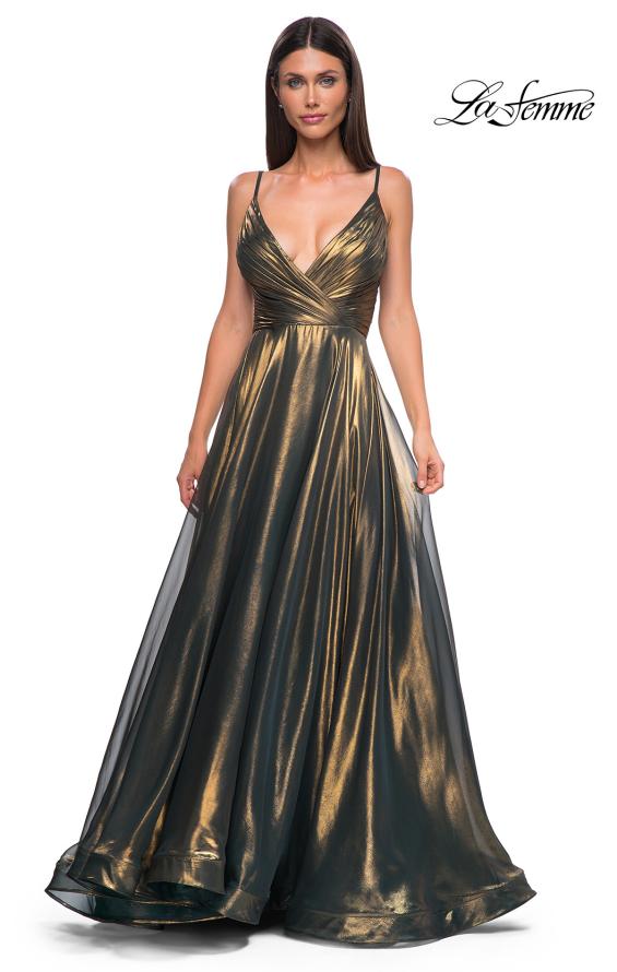 Picture of: Stunning Metallic Chiffon Gown with Ruched Bodice and Slit in Dark Emerald, Style 32864, Detail Picture 8