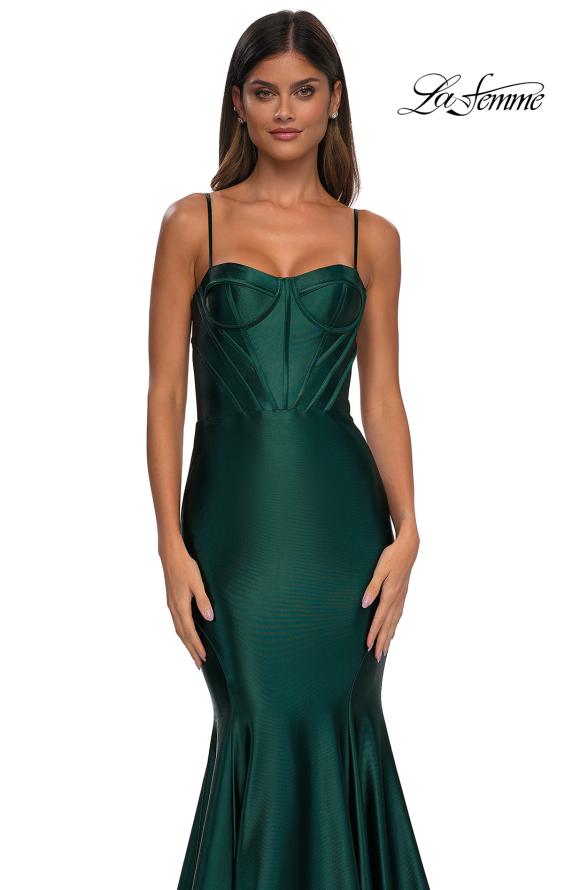 Picture of: Chic Stretch Satin Gown with Corset Top and Flare Skirt in Dark Emerald, Style: 32555, Detail Picture 9