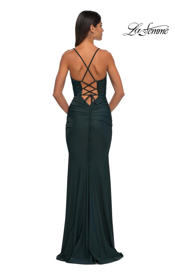 Picture of: Lace and Jersey Dress with Ruched Skirt and V Neckline in Dark Emerald, Style: 32217, Detail Picture 10