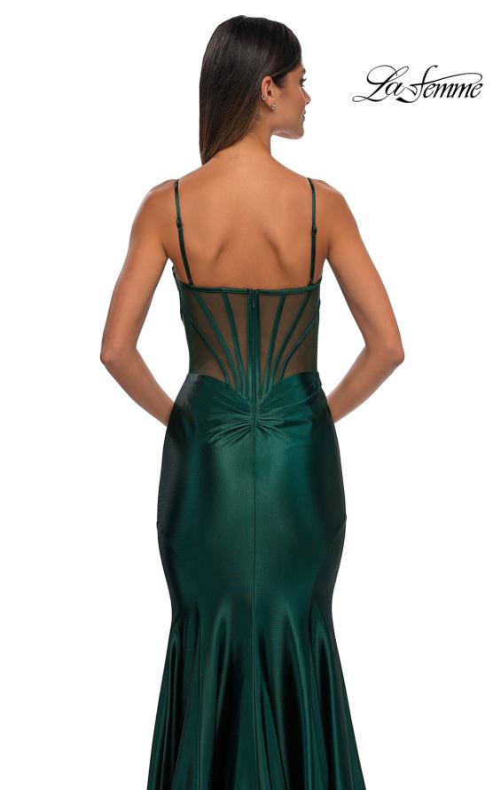 Picture of: Chic Stretch Satin Gown with Corset Top and Flare Skirt in Dark Emerald, Style: 32555, Detail Picture 10